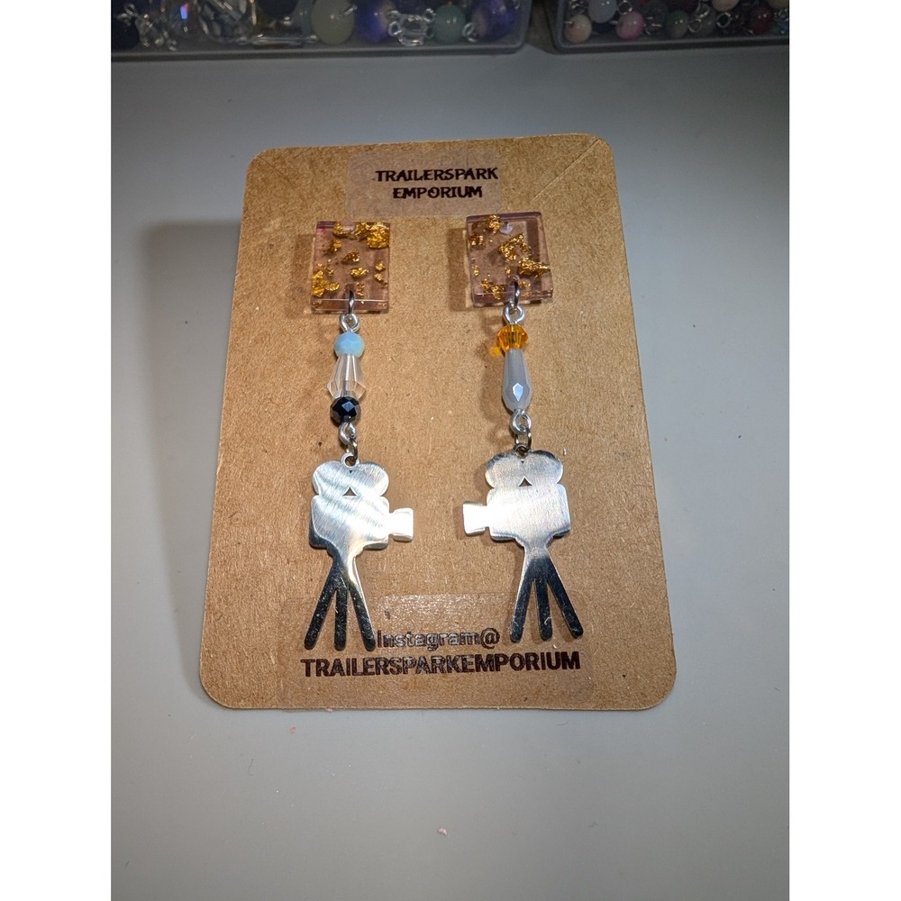 Trailerspark Emporium Movie Camera Resin Gold Leaf Drop Earrings Nickel Free